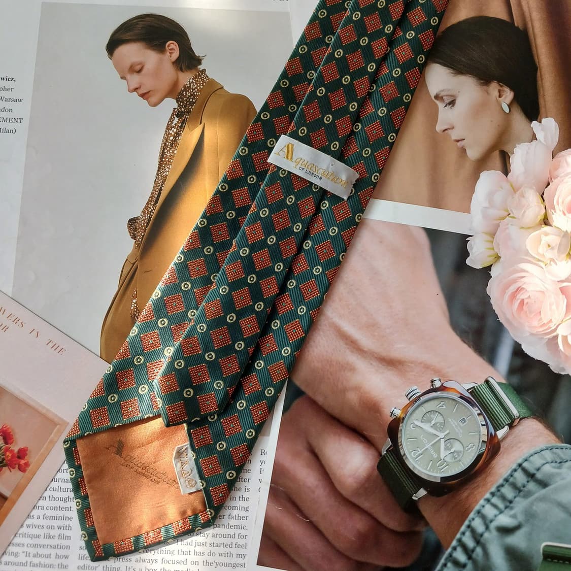 아쿠아스큐텀 실크 옐로&그린 다이아 넥타이 9.3cm A등급 A18919 상품이미지5