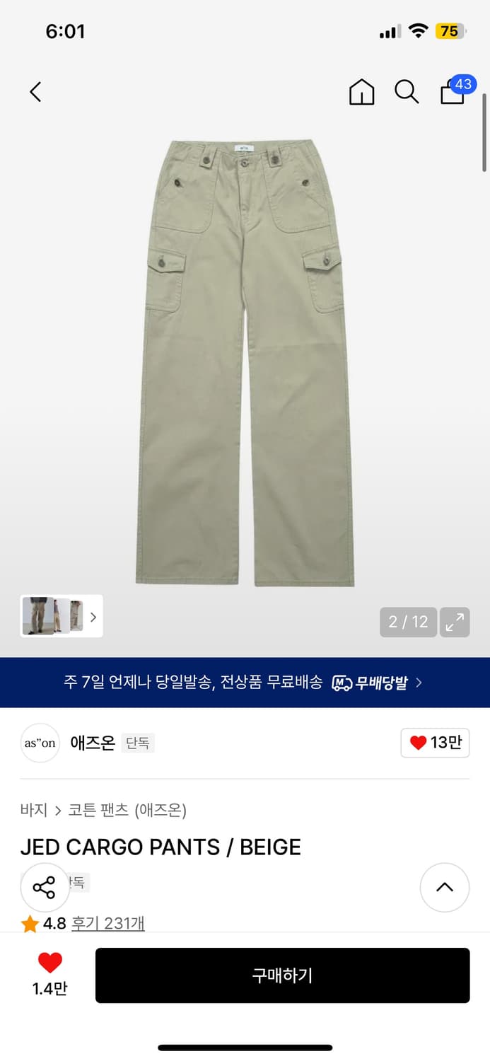 애즈온 제드 카고팬츠 JED CARGO PANTS / BEIGE(S) 상품이미지2
