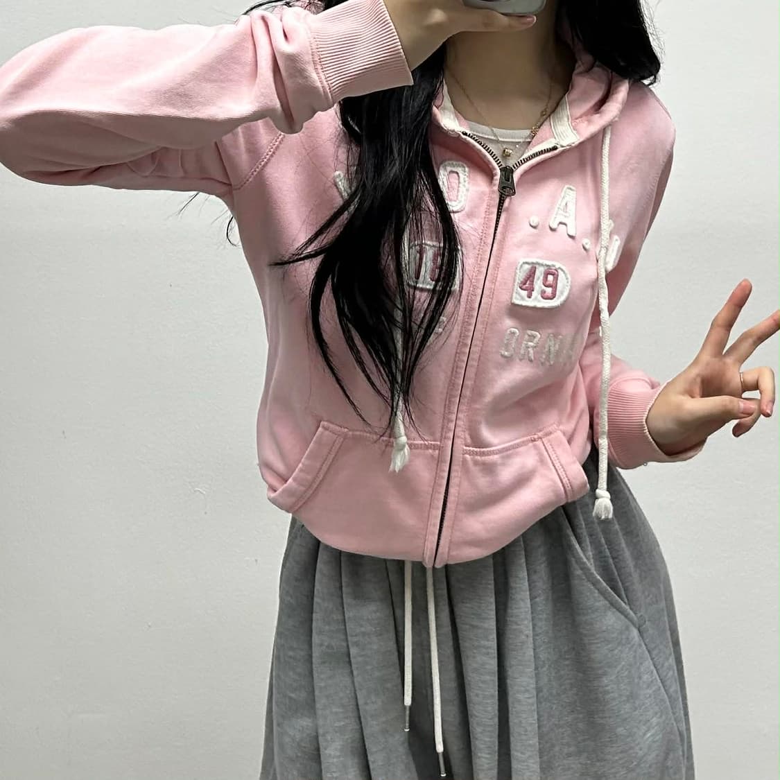 후아유 y2k 베이비핑크 러블리힙 걸즈 스웻 후드집업 희귀져지(M) 상품이미지1