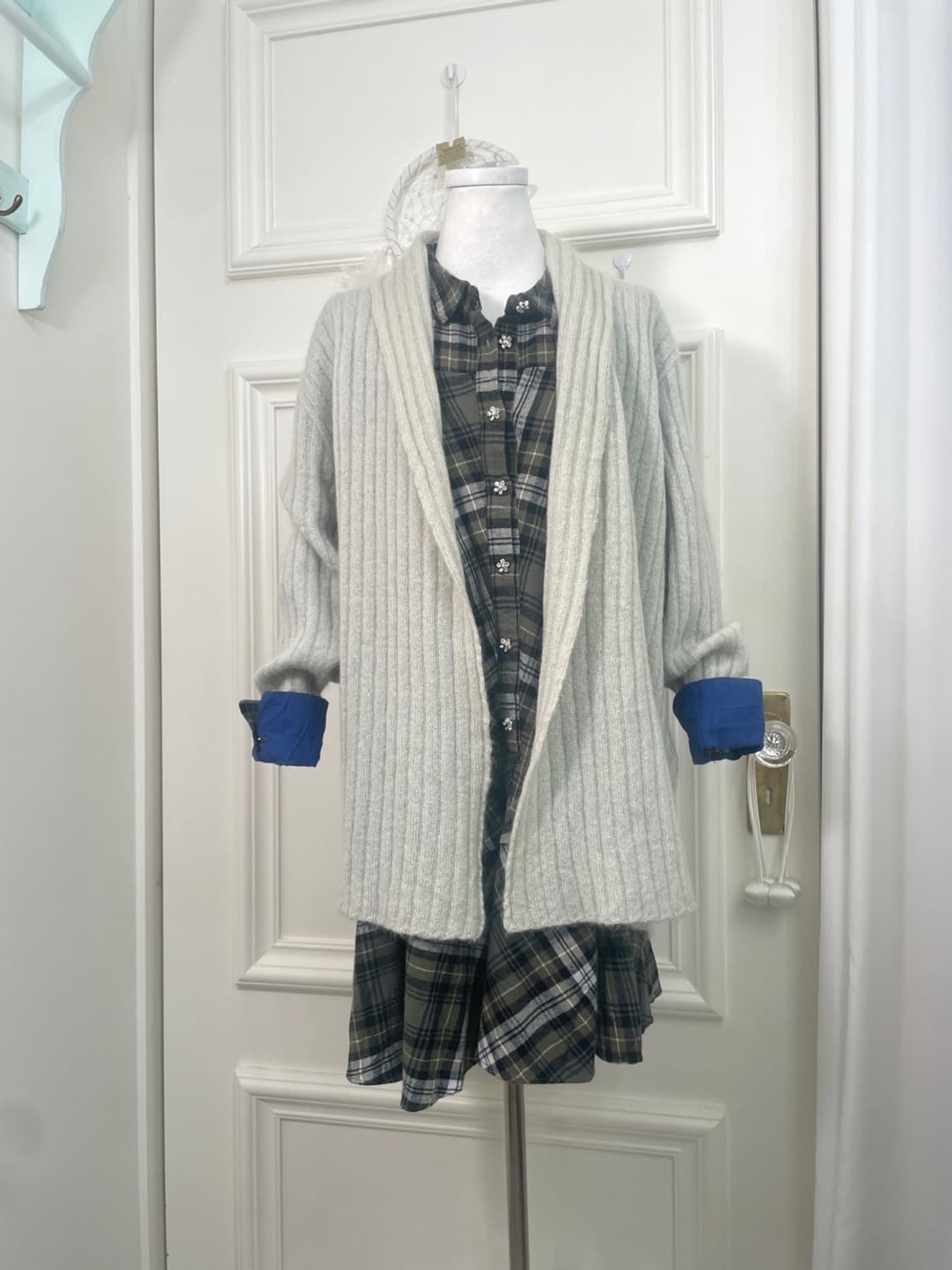 sheer green open rib cardigan&khaki chec 상품이미지1