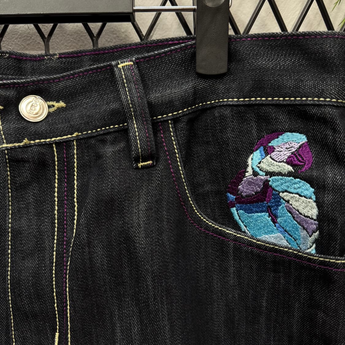 00s 쿠지 데님 반바지 전후면 포켓 앵무새 자수 포인트 흑청 상품이미지5