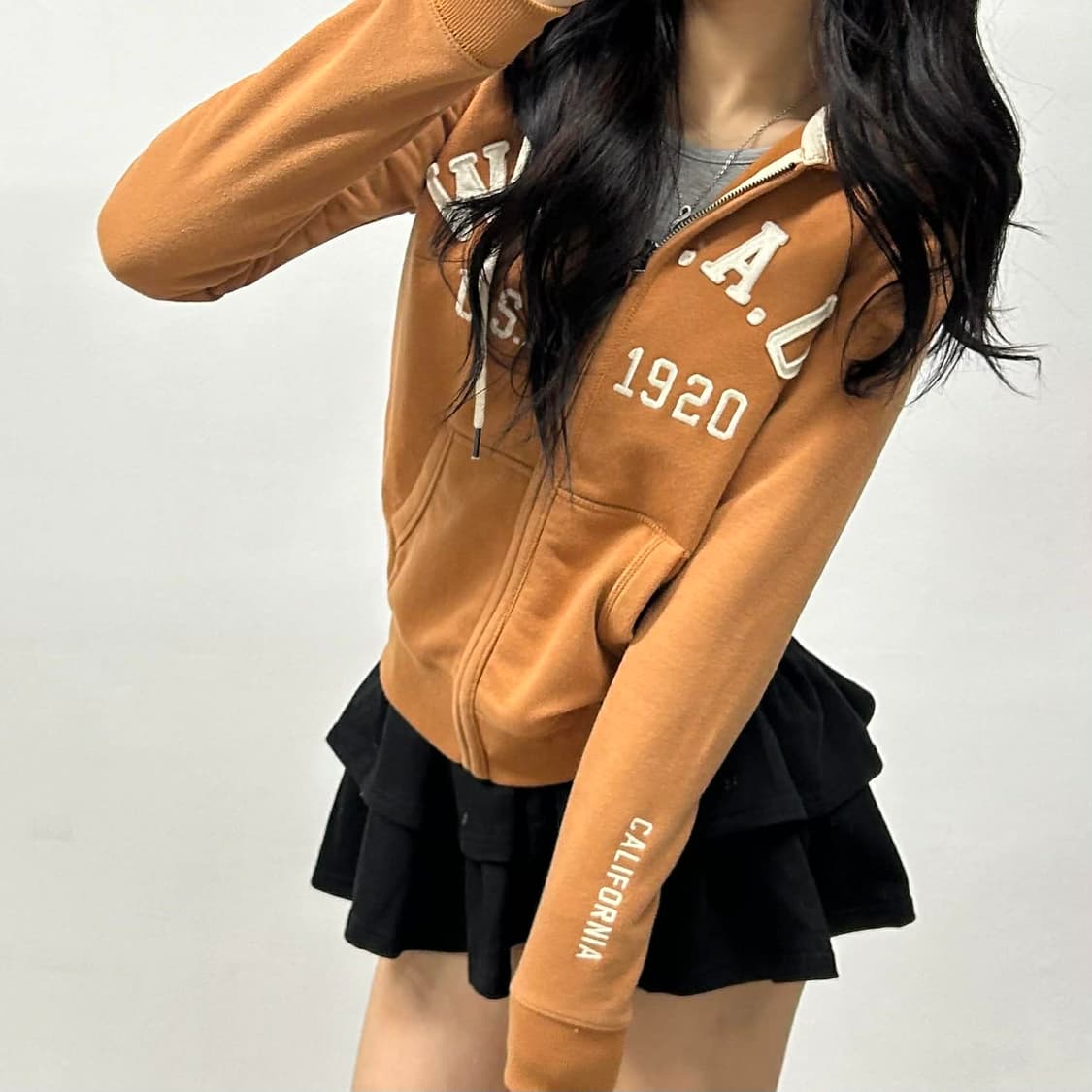 후아유 y2k 러블리힙 카멜베이지 스웻 후드집업 희귀져지(S) 상품이미지1