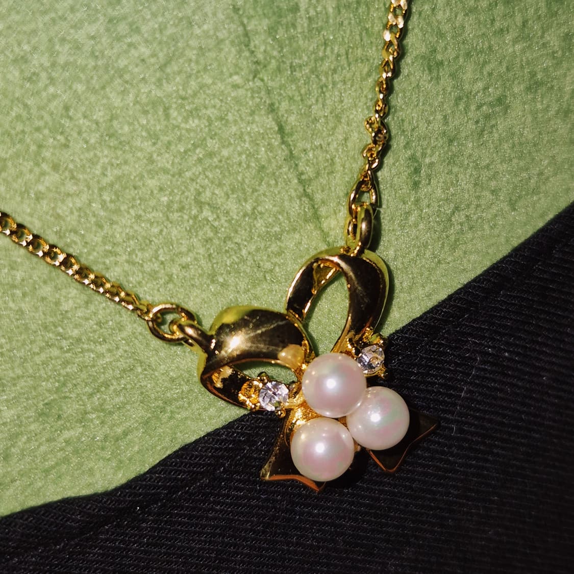 90s 꾸레쥬 사이드 리본 진주 큐빅 목걸이 상품이미지10