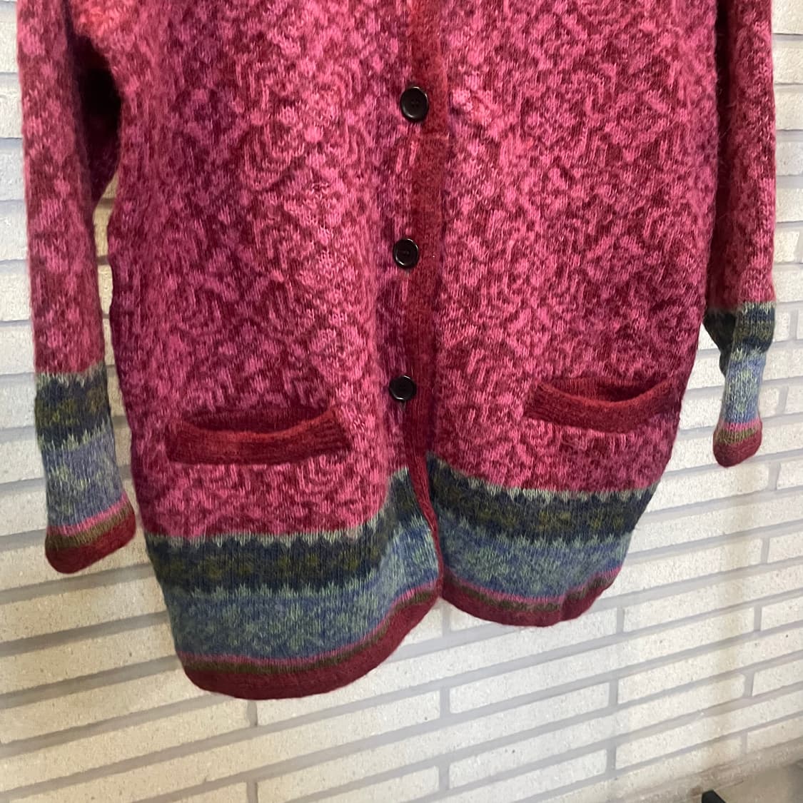 USA VINTAGE 노르딕 니트 가디건 로즈 패턴 투포켓 디테일 핑크 상품이미지5