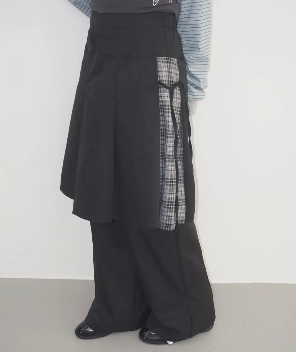 올데이 데이지 옆선 체크배색 미디 스커트 레이어드 와이드 핏 치마바지 상품이미지1