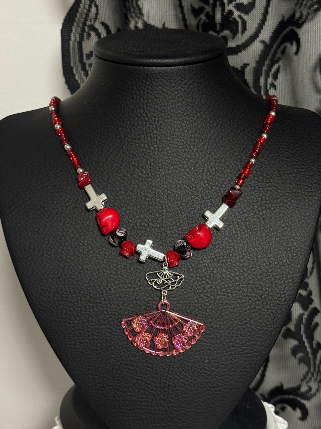 동양풍 오리엔탈 레드 부채 크로스 목걸이 상품이미지4