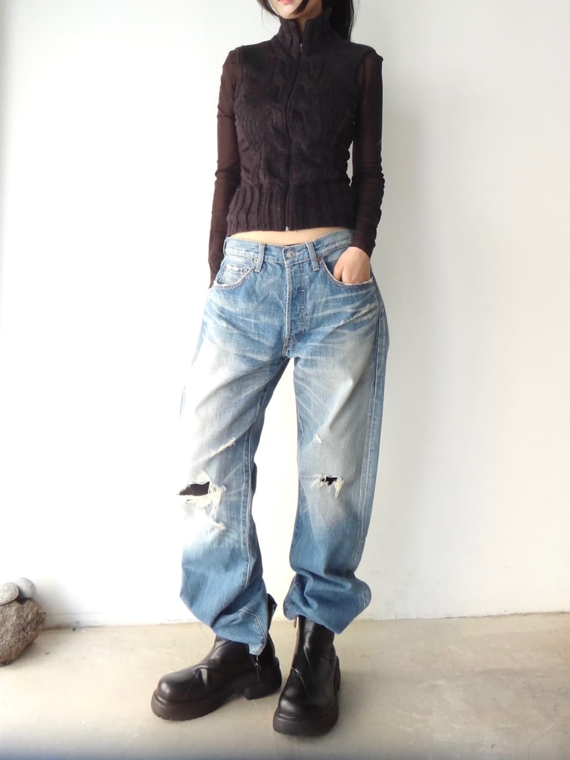 Kid hair sheer zip-up / brown 상품이미지2