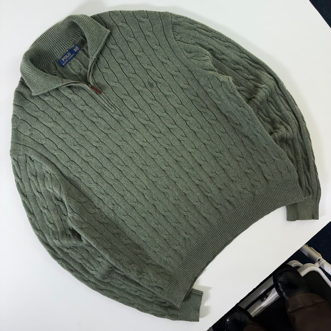 Polo  폴로 랄프로렌 자수 코튼 카키 반집업 꽈배기 니트  상품이미지2
