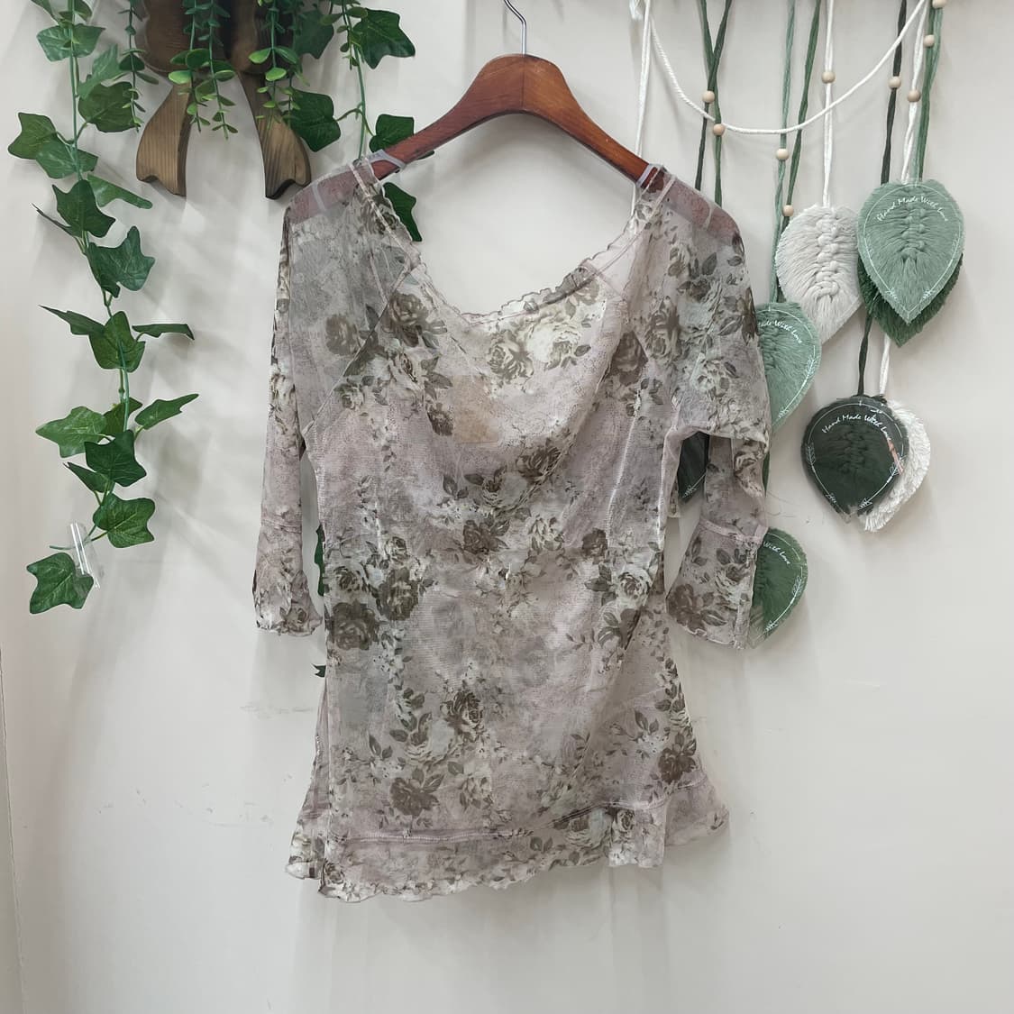 고전 로사체리맛 장미 패턴 프릴 시스루 블라우스 상품이미지4