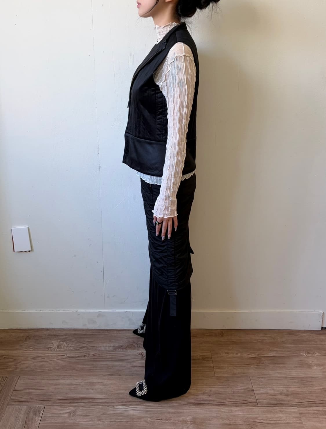 NOVESPAZIO 블랙 셔링 스커트 상품이미지7