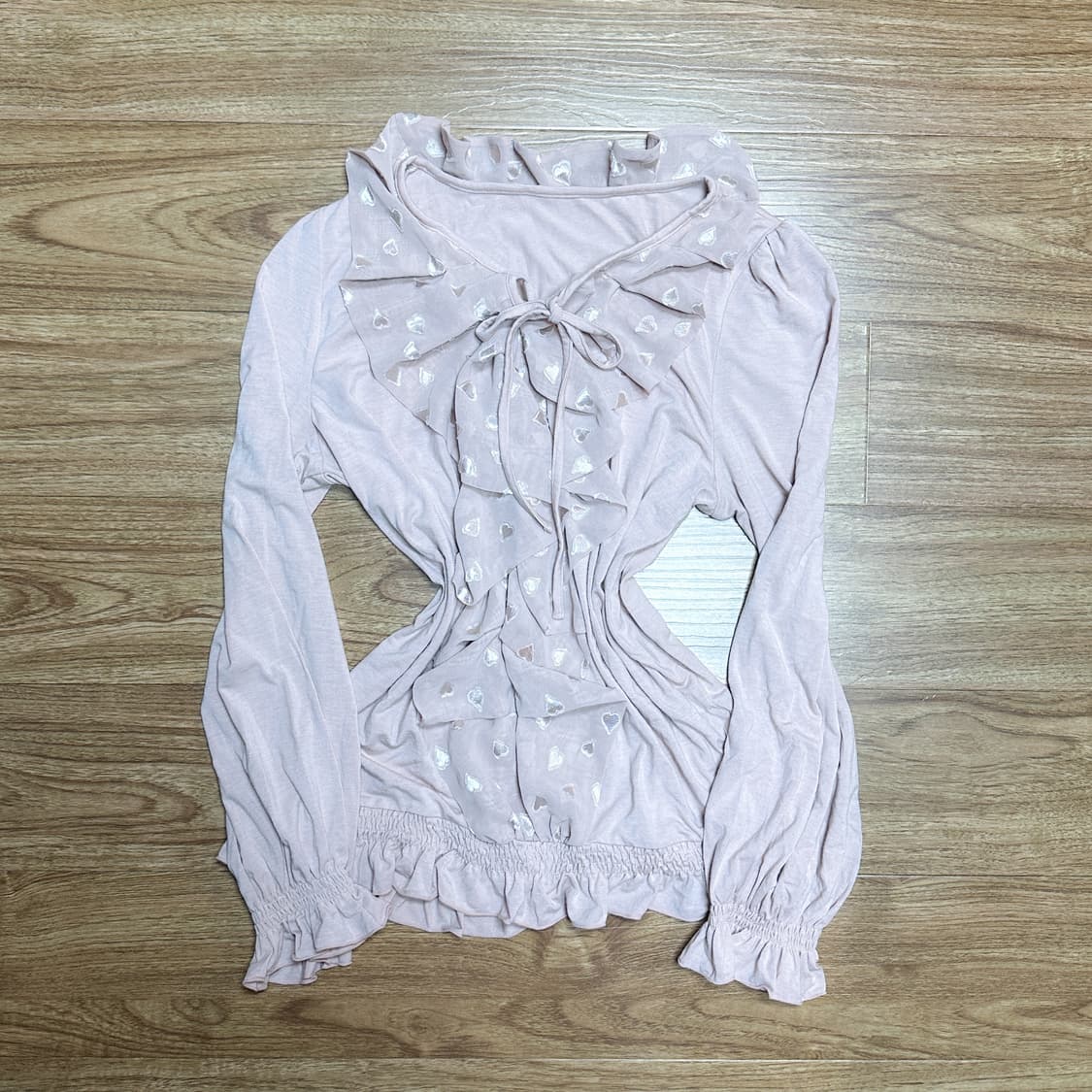 빈티지 핑크 레이스 하트 긴팔 티셔츠 히메갸루 로걀 라떼 헤이세이 모리걸 상품이미지1