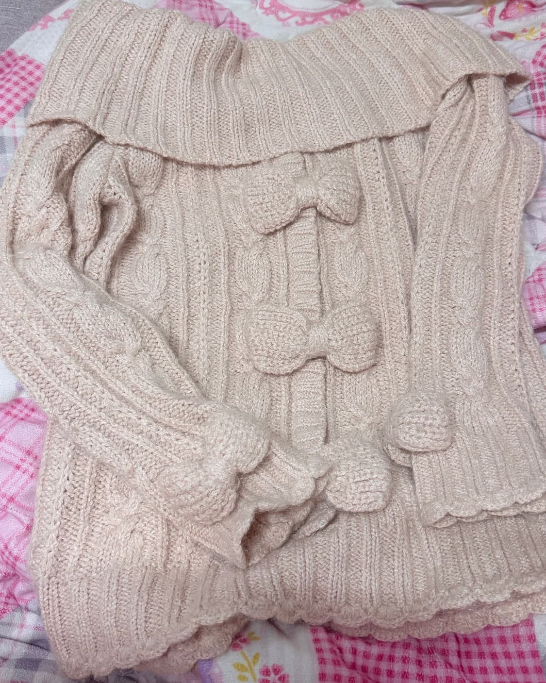 리즈리사 핑크베이지 리본 오프숄더 니트 빈티지 핀터깔 히메갸루 상품이미지3