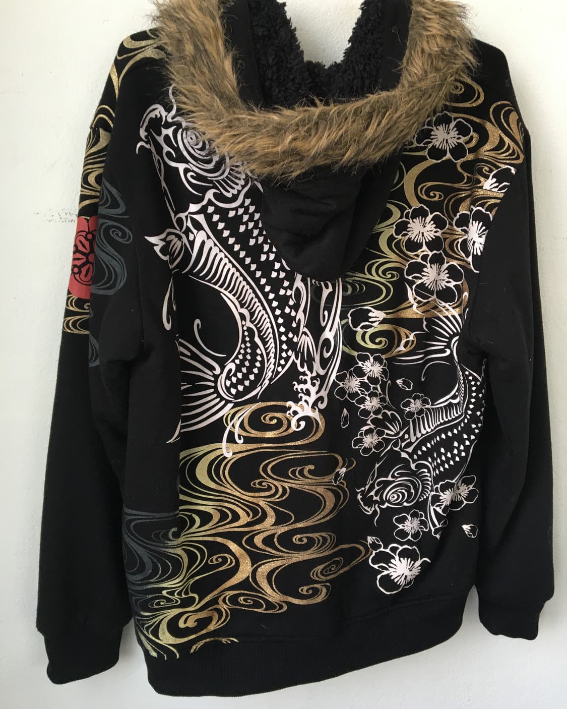 Fake fur hood oriental printing zip up 상품이미지4