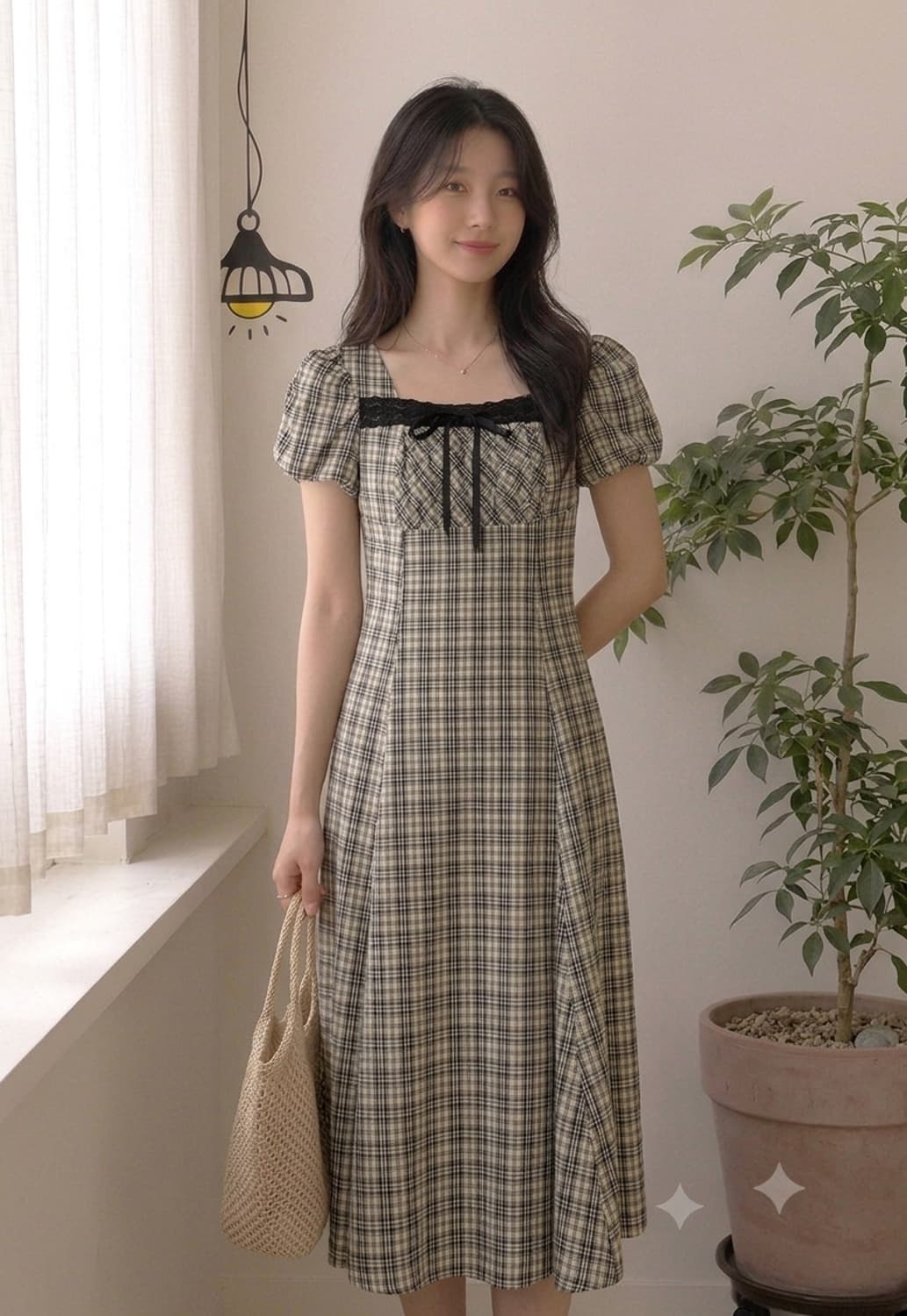 [An MILLE] 안밀 스퀘어넥 레이스 리본 체크 퍼프 원피스 (S) 상품이미지1
