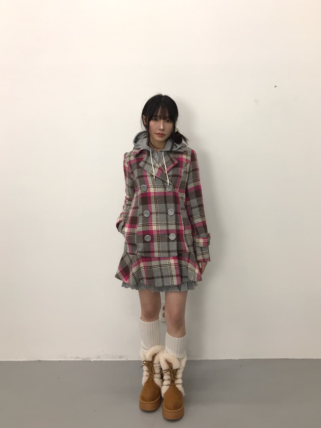 Jpn Hot Pink Plaid Double-Breasted Coat 상품이미지1