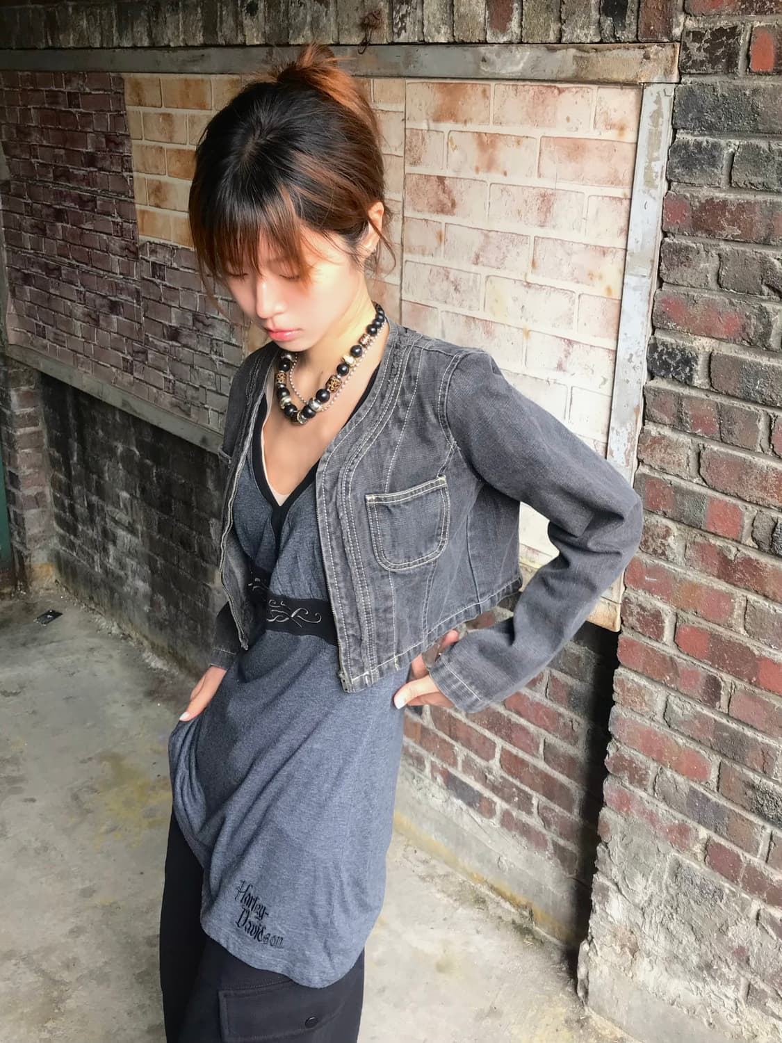 (상의 세트) 할리데이비슨 그레이 원피스 나시 + 흑청 크롭 자켓 상품이미지2