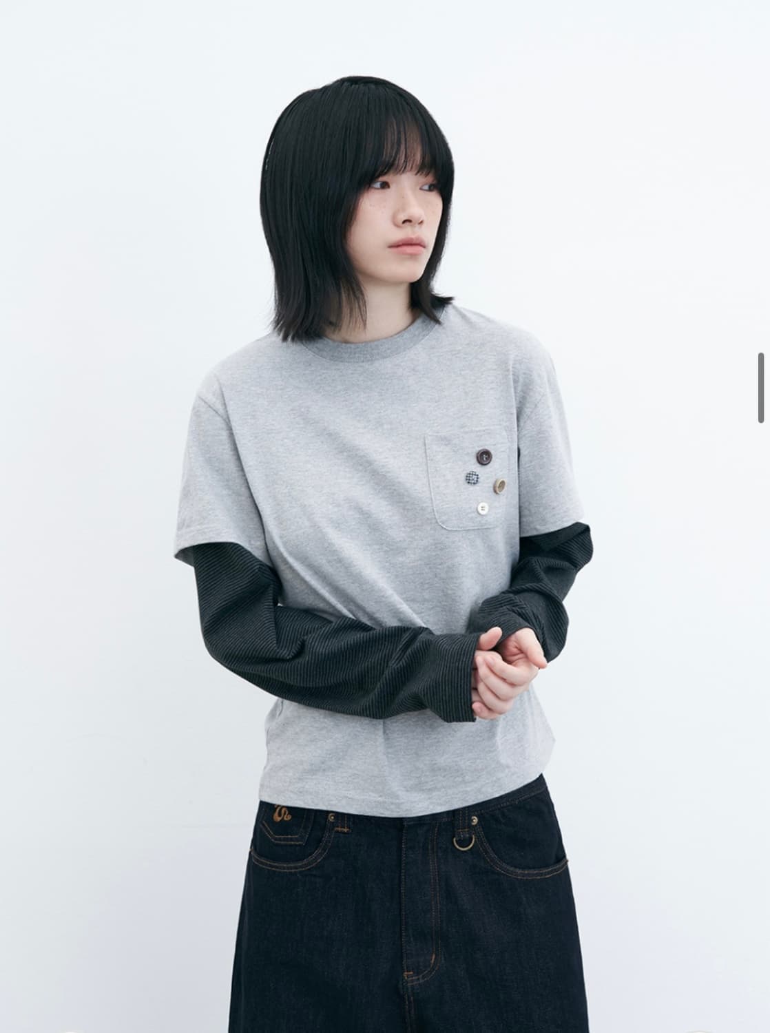 어반스터프 버튼 뱃지 레이어드 롱슬리브 (멜란지) 상품이미지2