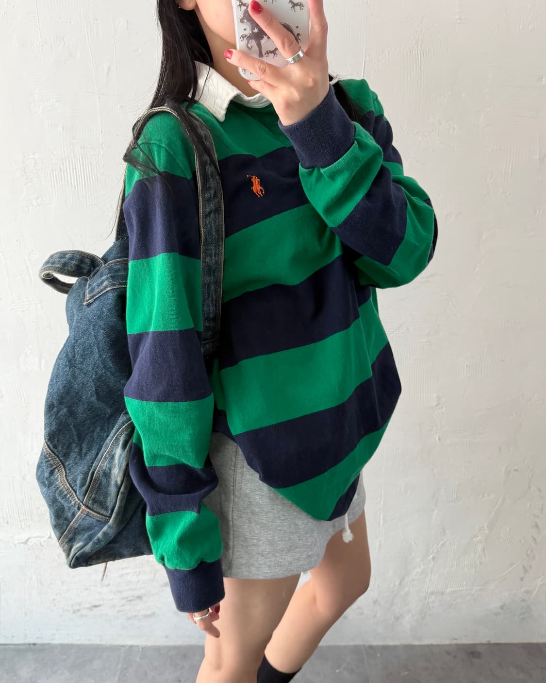 Polo 폴로 랄프로렌 QR라벨 오렌지포니 그린/네이비 단가라 럭비 셔츠 상품이미지3