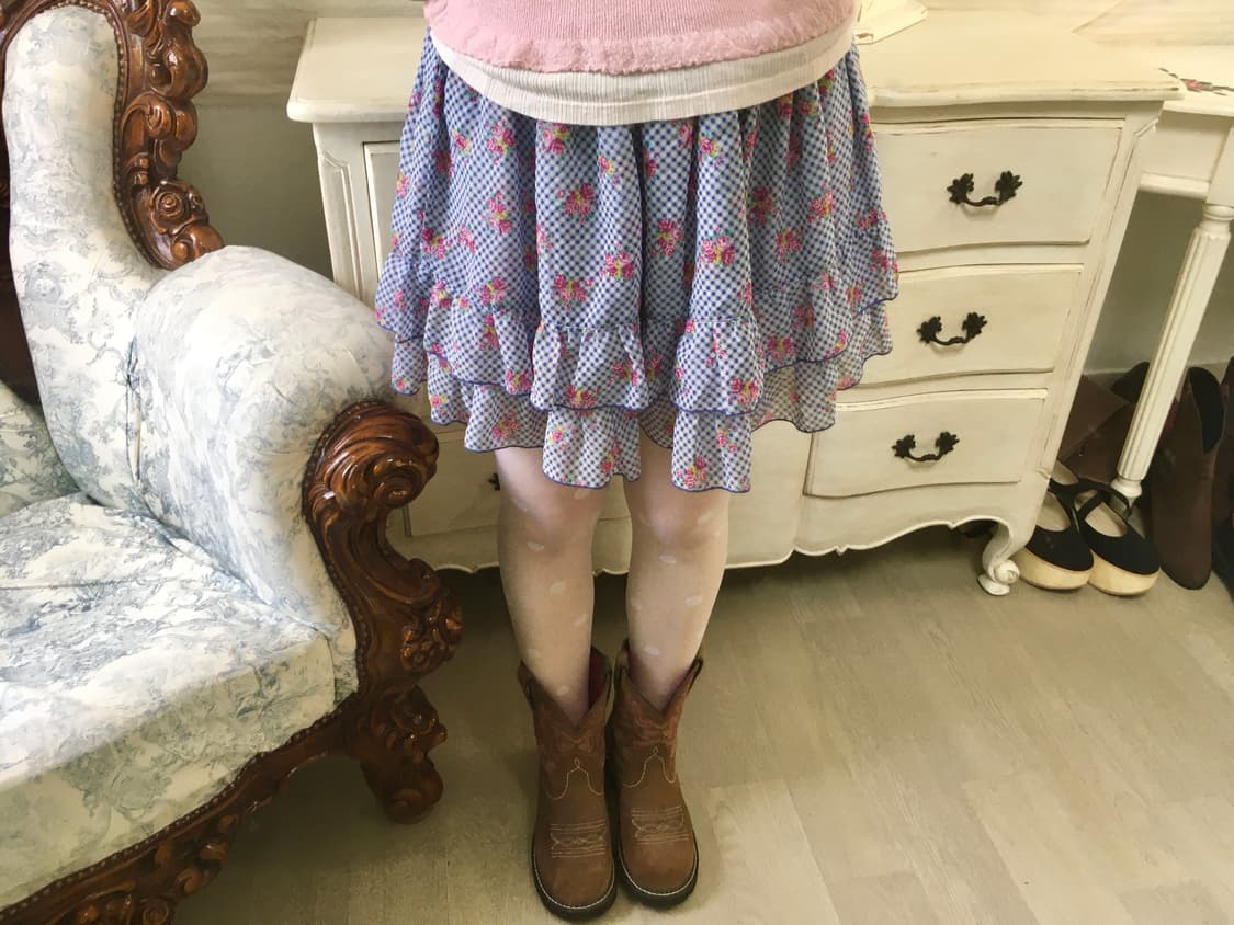 일본빈티지 블루체크 잔꽃 프릴 캉캉 스커트 상품이미지3