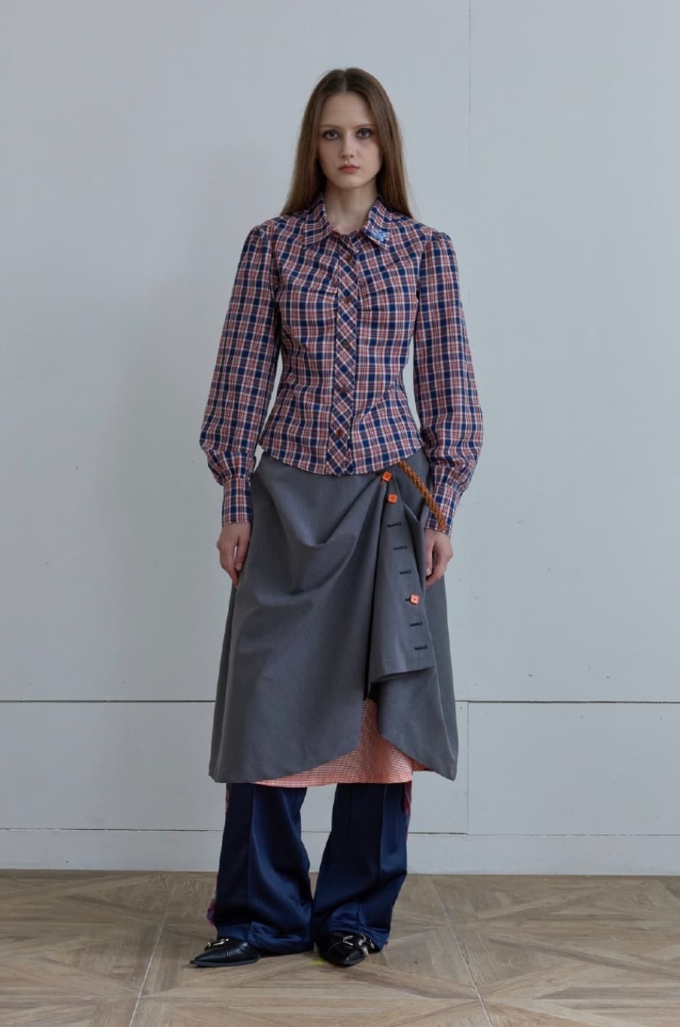 헤레틱 back curve check puff  shirt /orange 상품이미지1