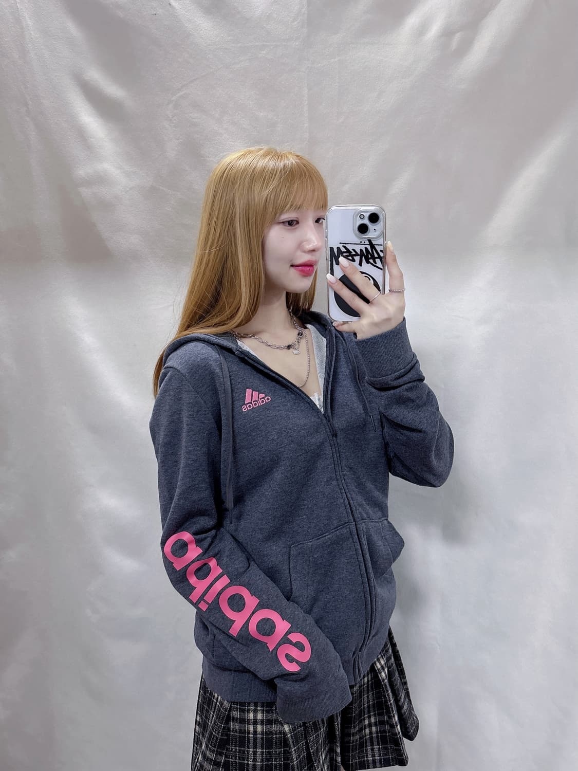 아디다스 핑크 사이드로고 그레이 후드집업  상품이미지1