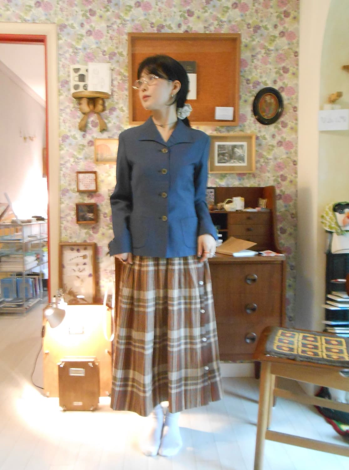 브라운 멀티 체크 단추 스커트 상품이미지2