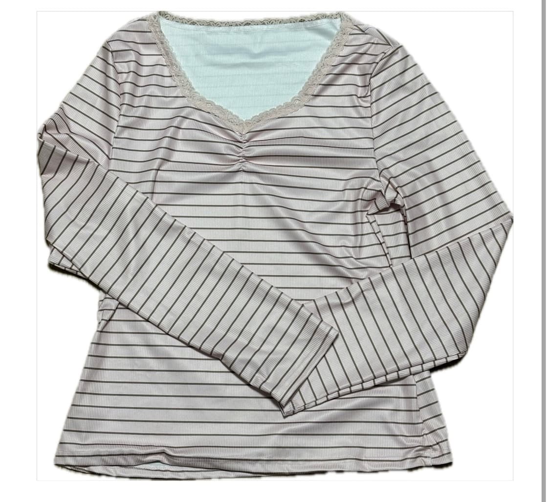 핑크브라운 레이스 셔링 긴팔티 상품이미지1