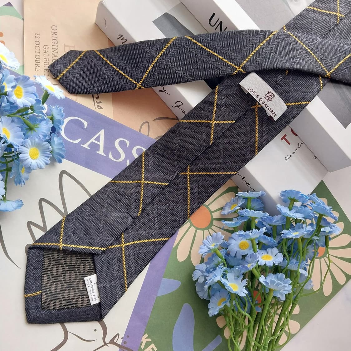 루이까또즈 실크 블랙 체크 넥타이 7.7cm A+등급 K2496 상품이미지4