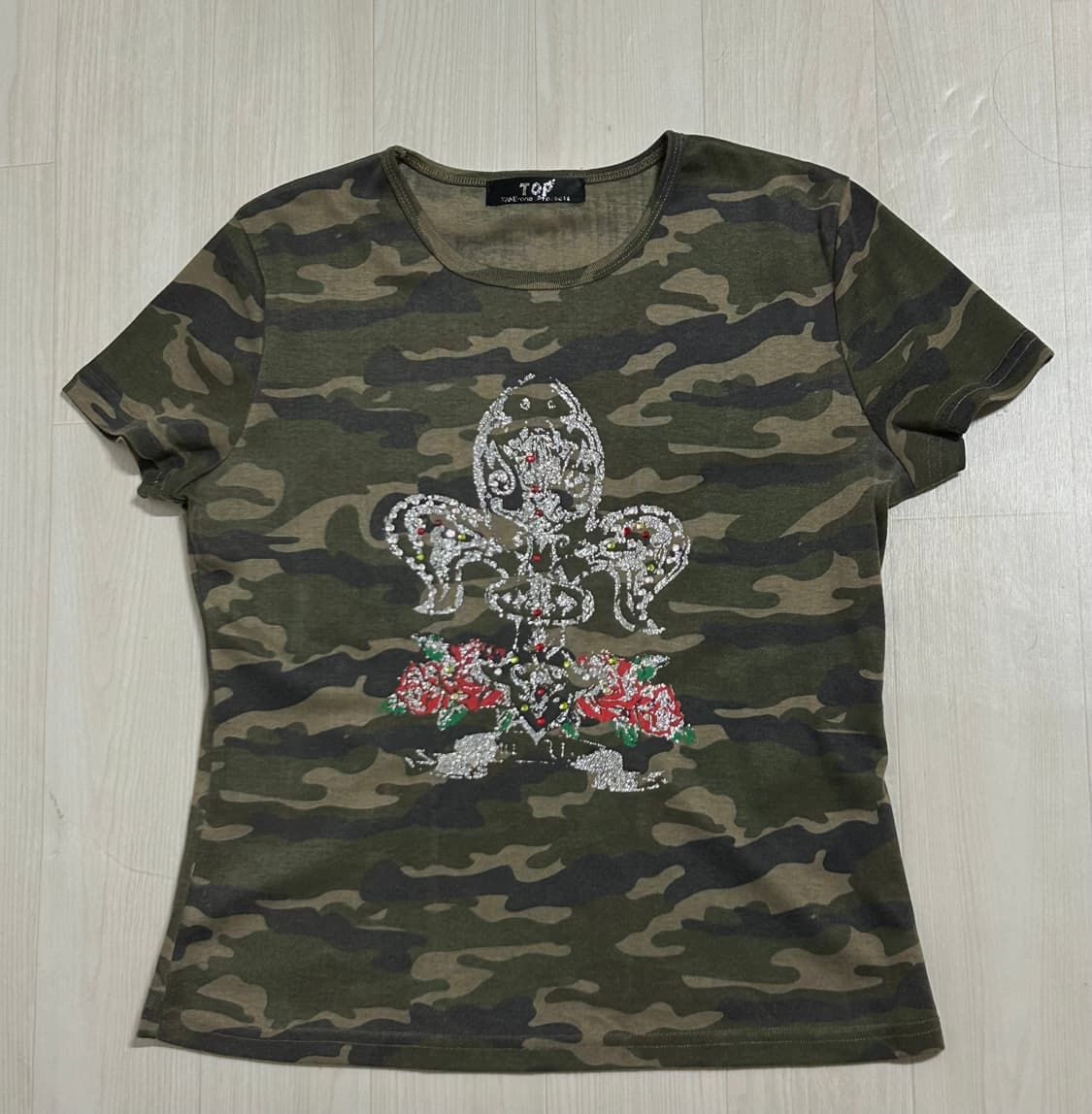 빈티지 y2k 카모 오리엔탈 큐빅 반팔 탑 상품이미지1