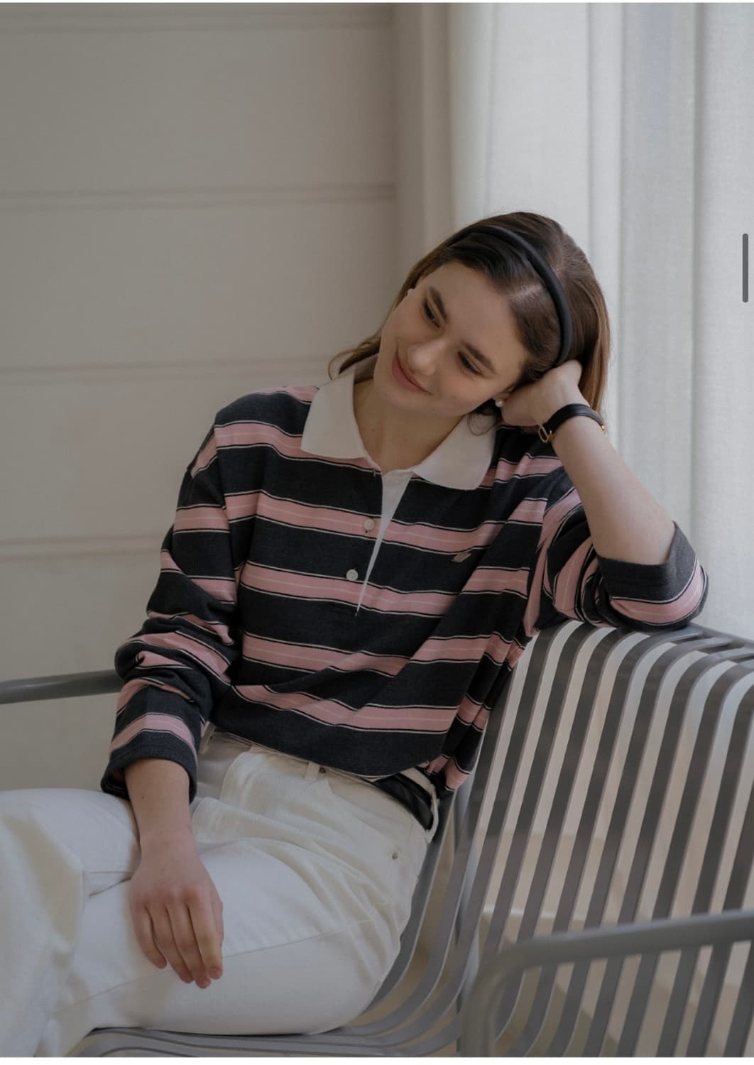 틸아이다이 스트라이프 챠콜 핑크 카라 럭비티 롱 슬리브 긴팔 티셔츠 M 상품이미지6