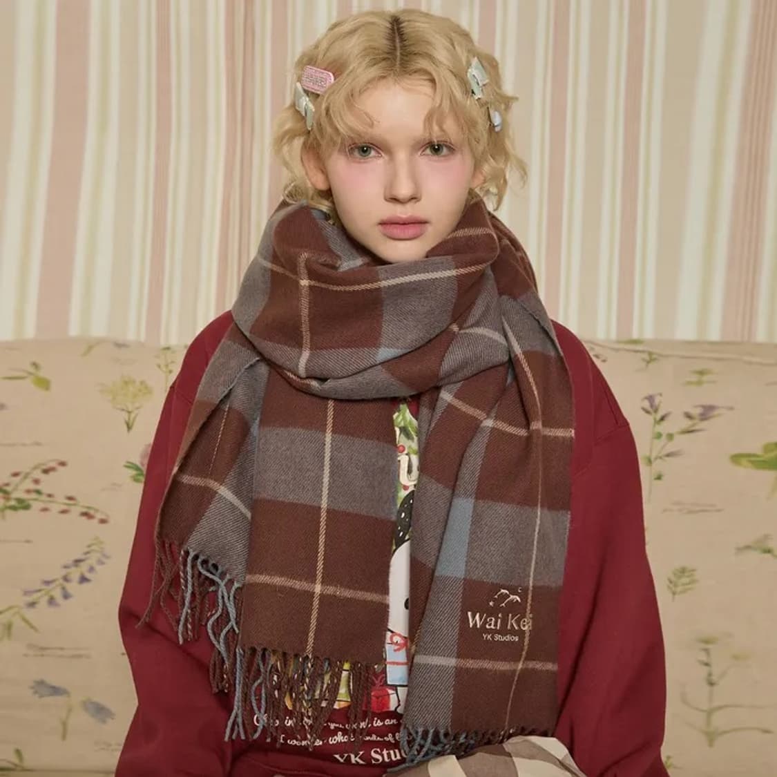 와이케이 체크 머플러 소라 브라운 상품이미지1