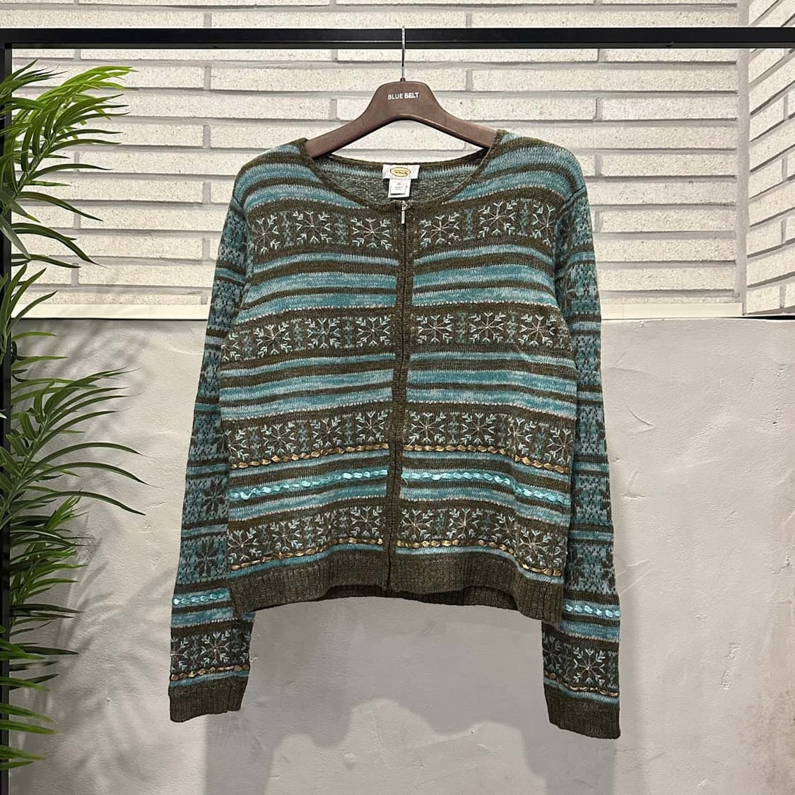 USA VINTAGE 니트 집업 가디건 노르딕 패턴 비즈 디테일 민트 상품이미지2