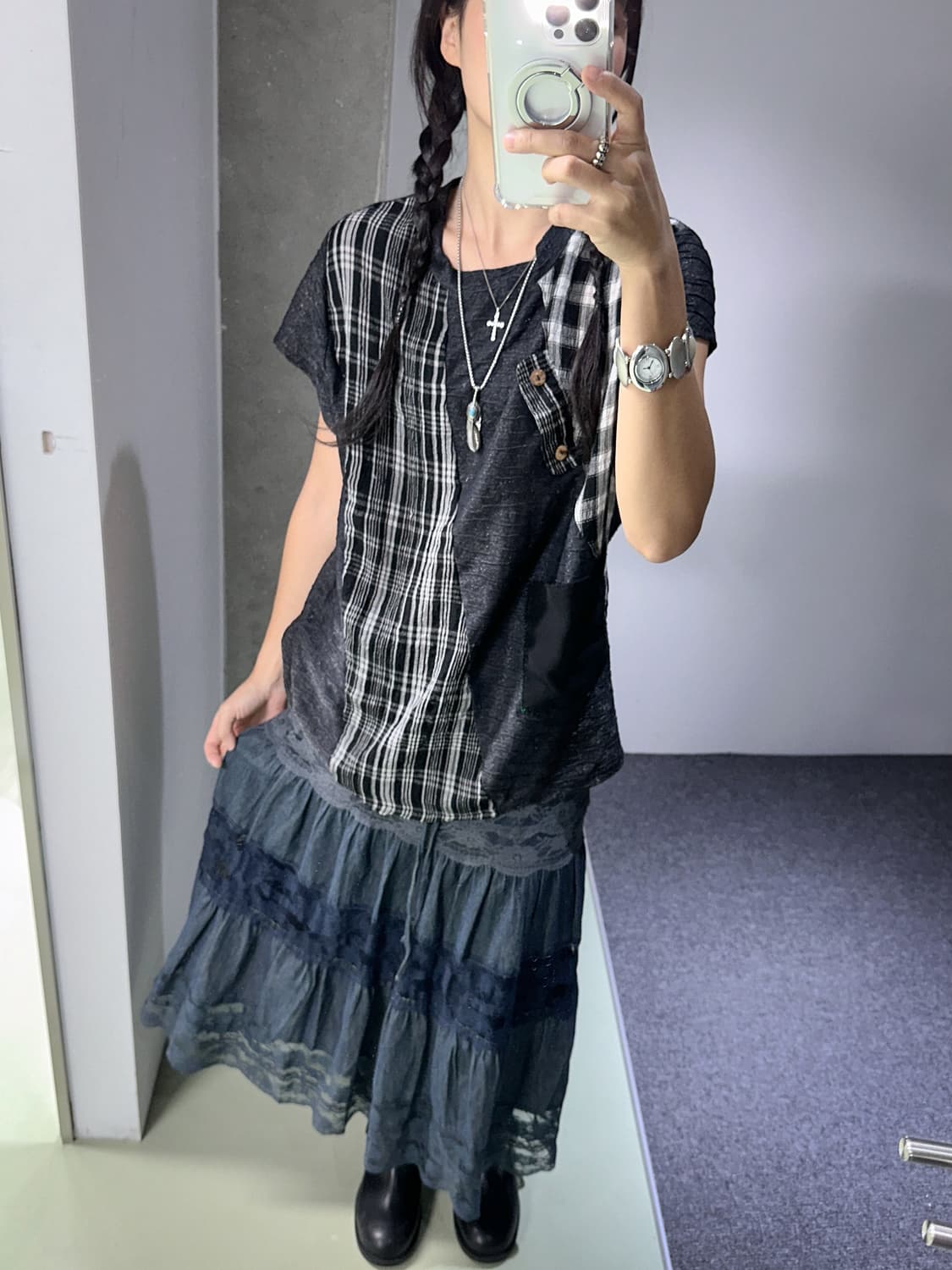 check pannel mix one pocket top 상품이미지3