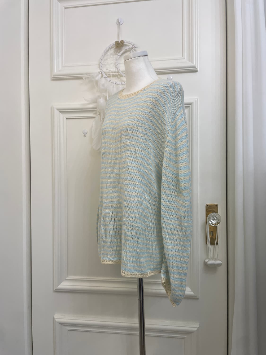 mint yellow stripe basic cute sweater 상품이미지2