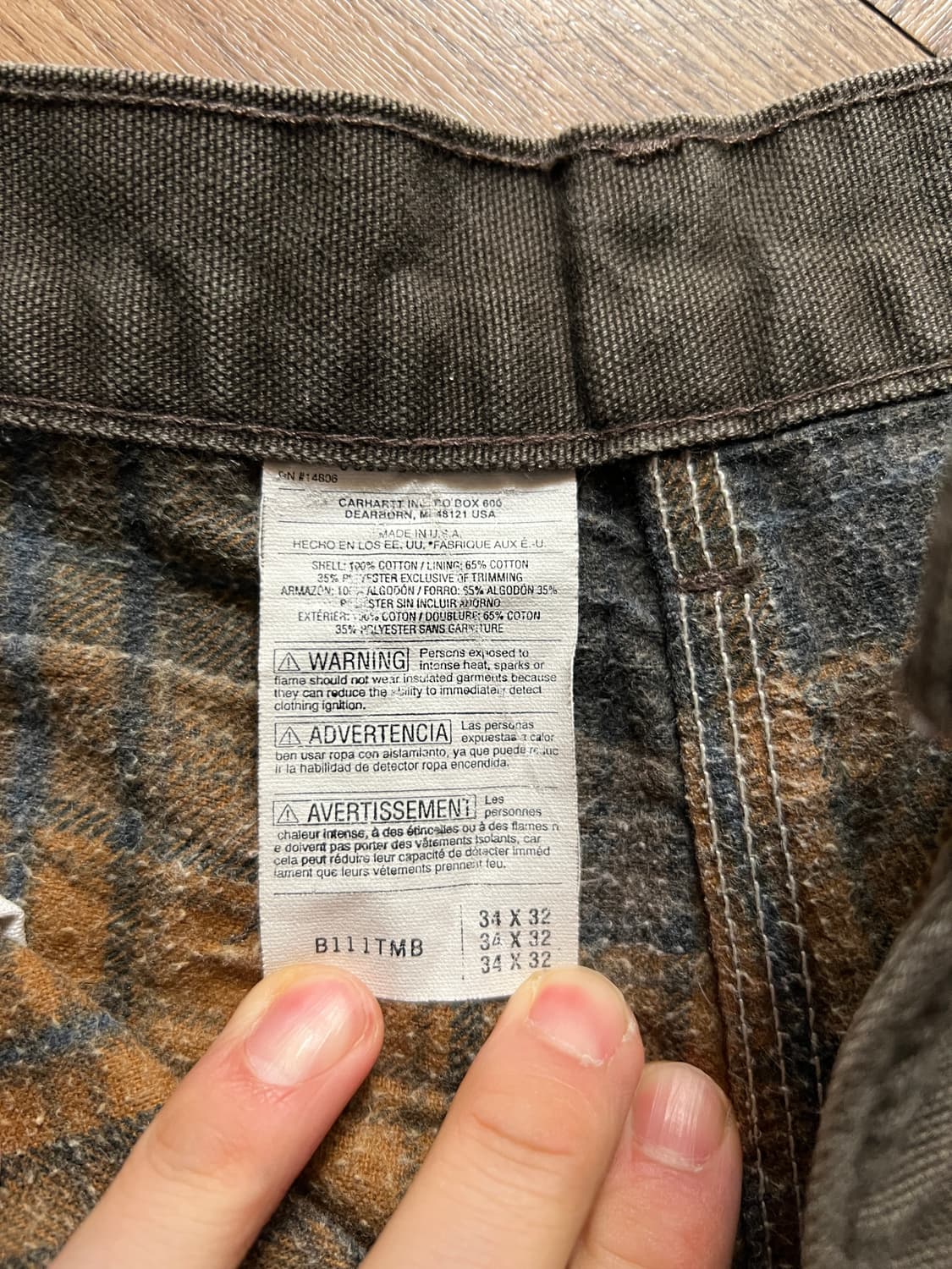 [34]칼하트 Made in USA 다크브라운 체크라이닝 카펜터 워크팬츠 상품이미지7