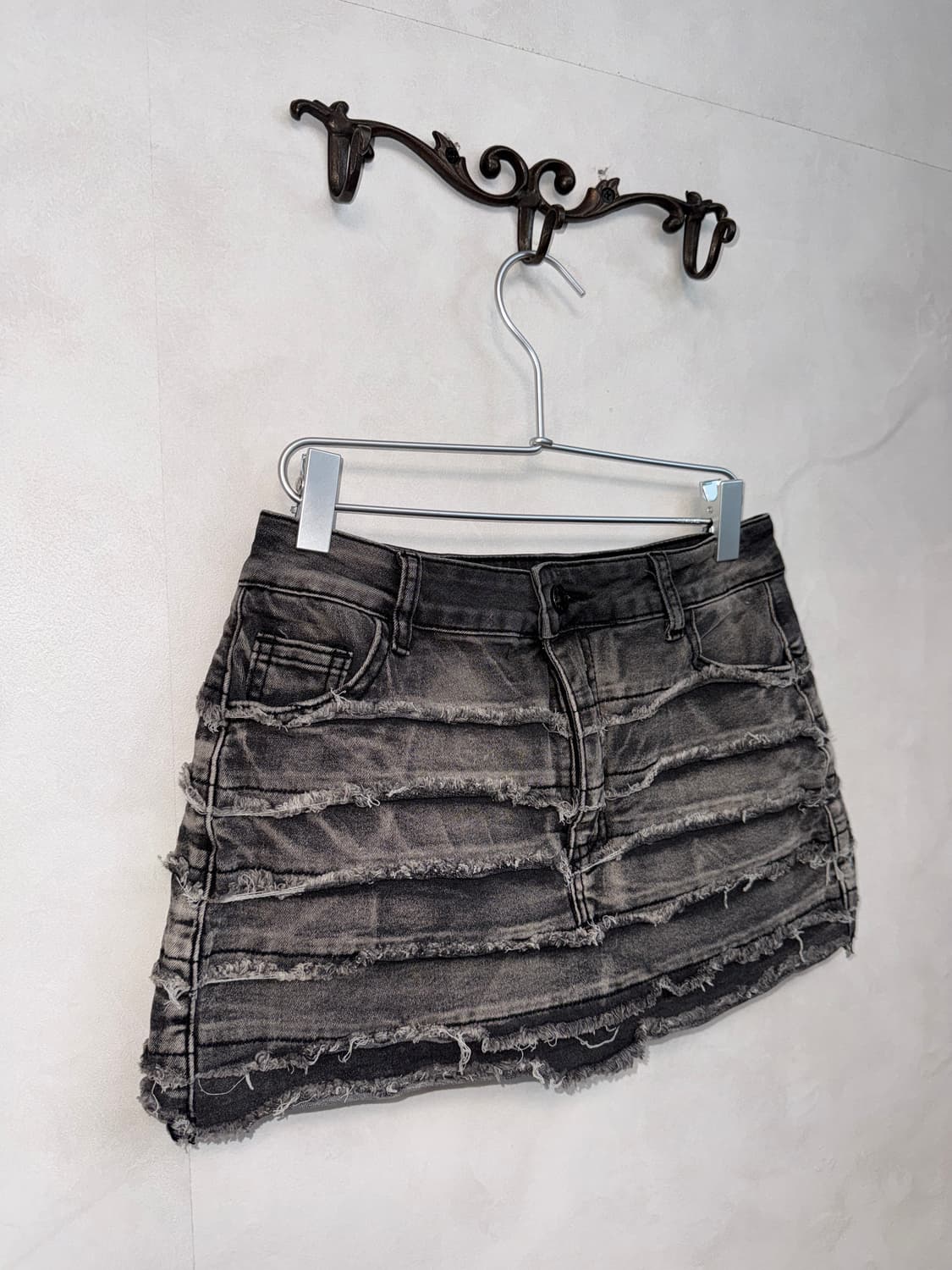 Washing black denim destroyed layered sk 상품이미지2