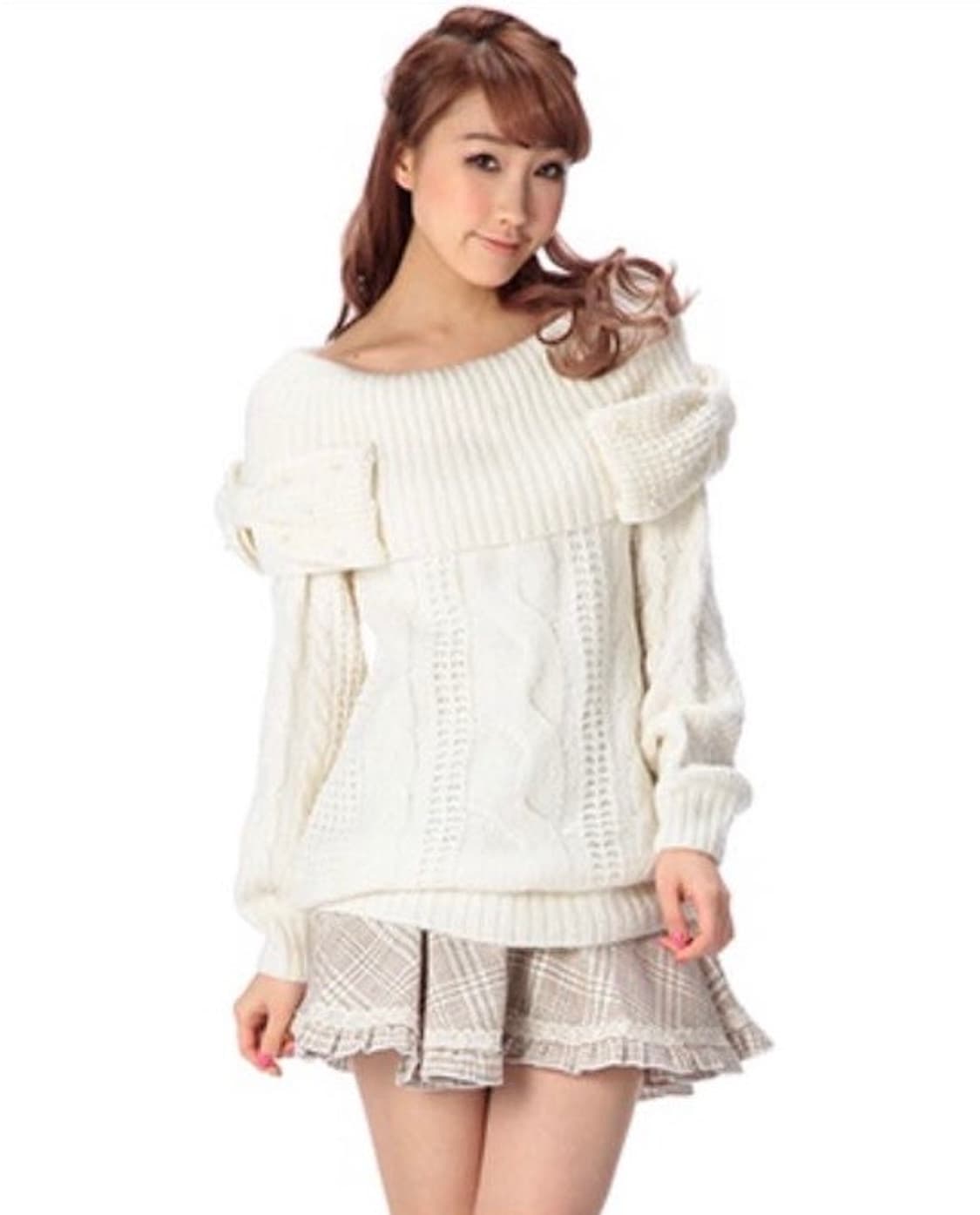 리즈리사 고전 왕리본 아이보리 오프숄더 니트 상품이미지1