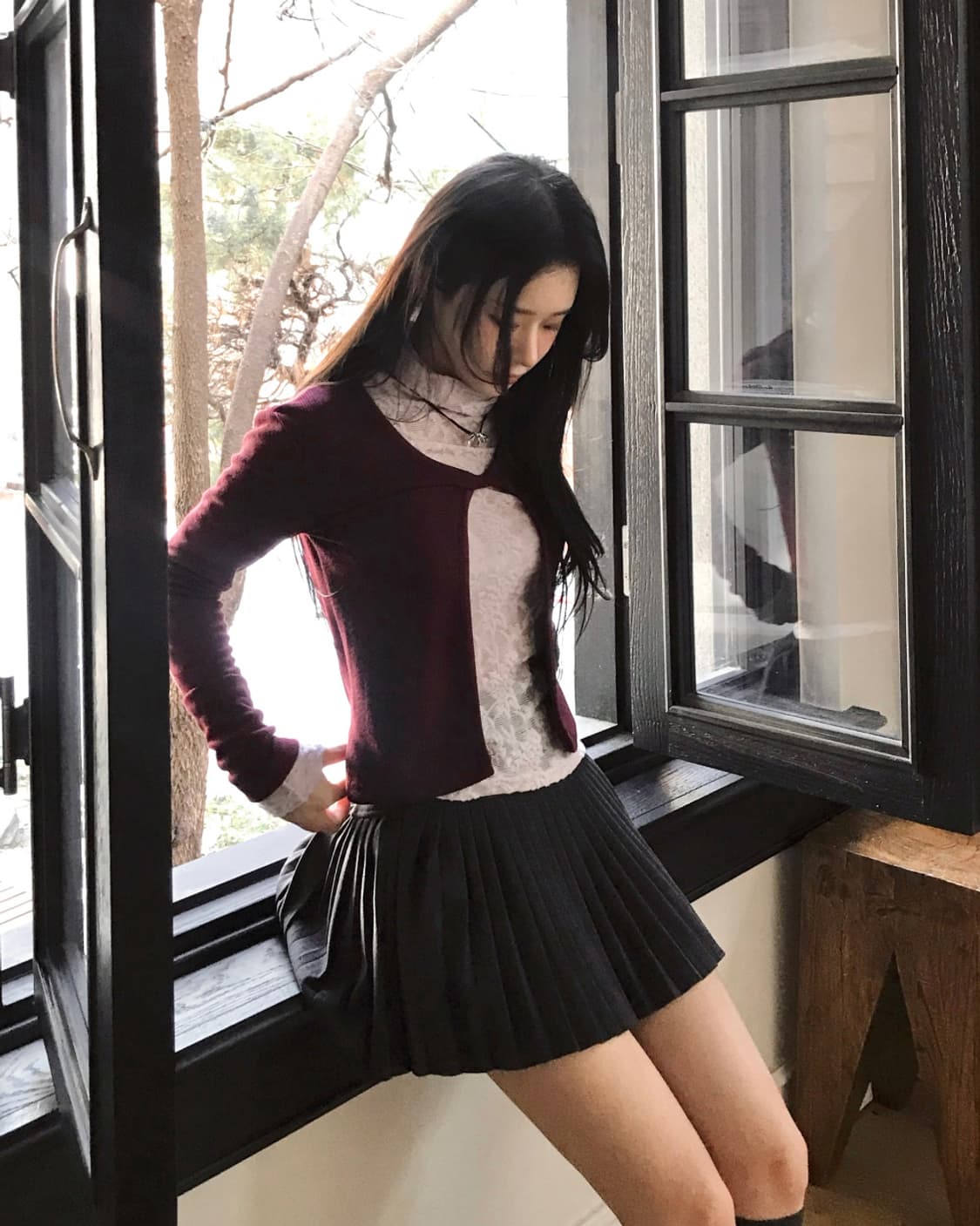 클라우드이모션 클모 힐즈앤크로스타이긴팔가디건 버건디레드 플럼모브레이스탑 상품이미지1