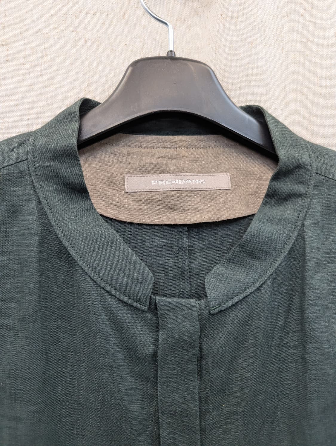 Prendang 차이나넥 린넨 반팔 셔츠 그린 상품이미지3