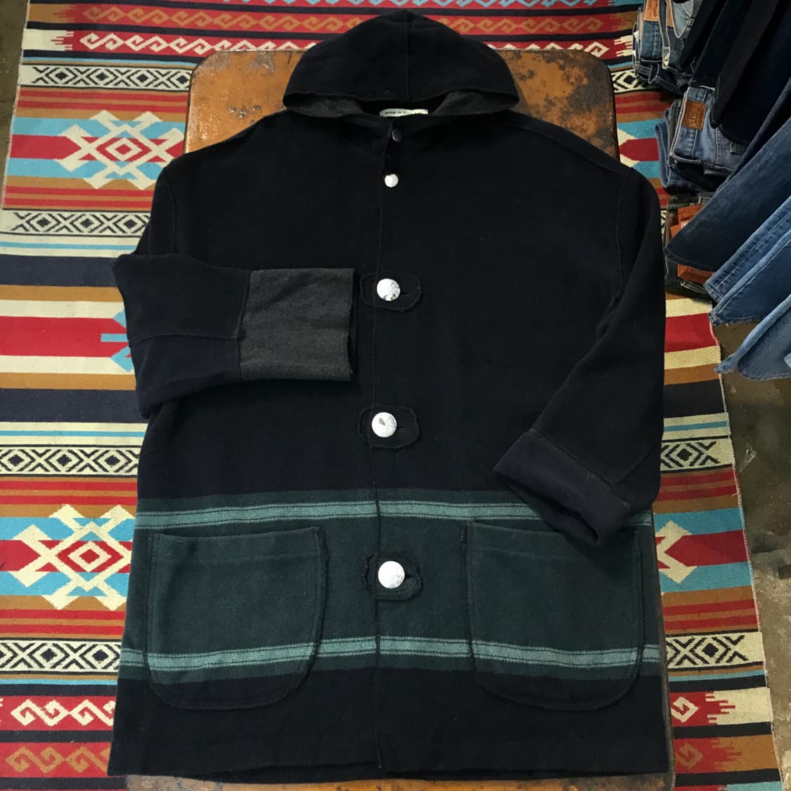 UK VTG 영국 빈티지 네이비 컬러링 후드 싱글 코트 여성 오버핏 상품이미지1