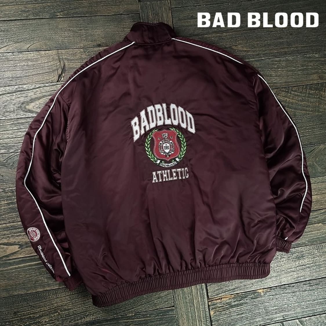 [배드블러드] 그래픽 자수 오버핏 사틴 블루종 자켓 버건디 M19213 상품이미지1