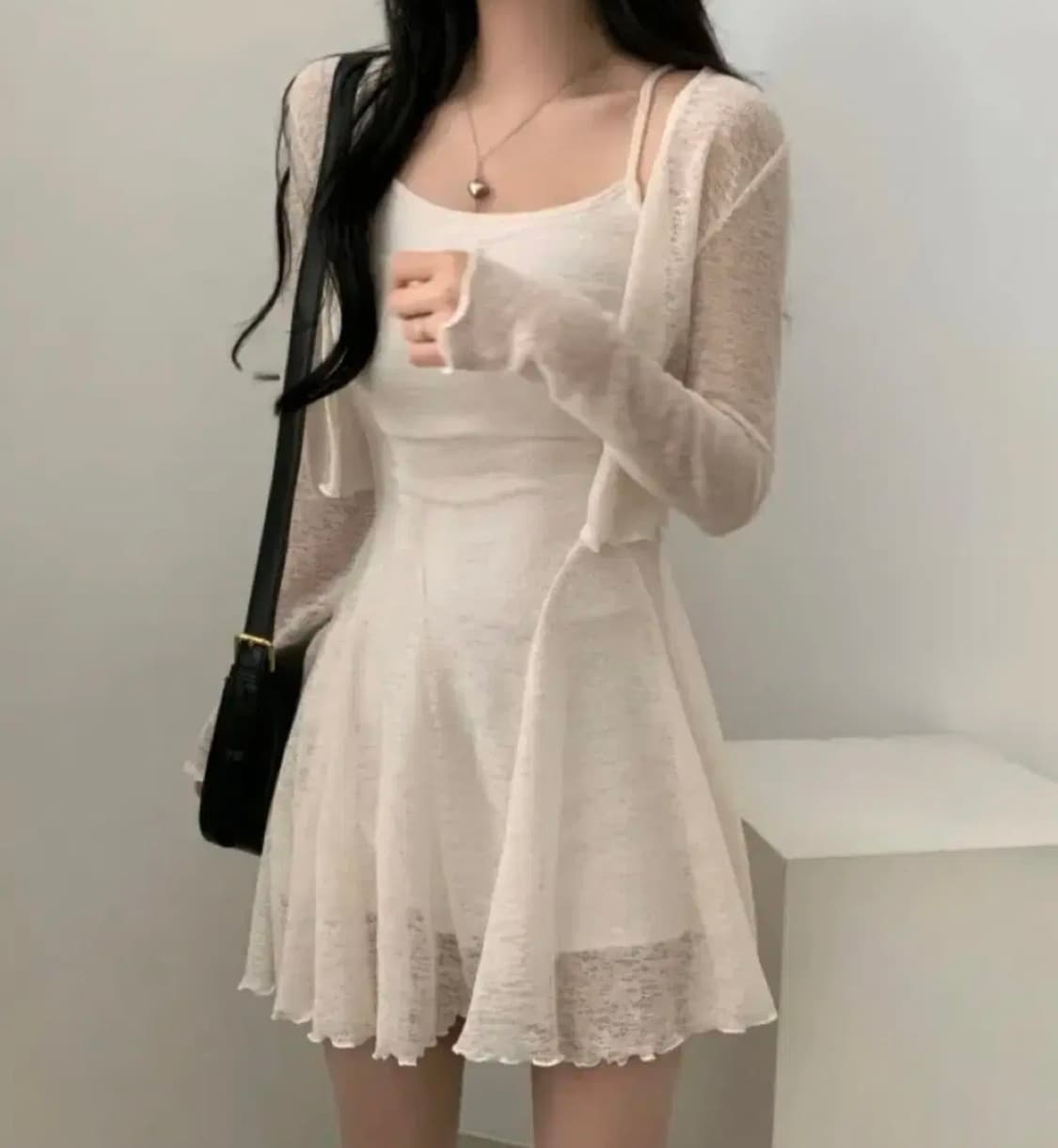 (새상품) 시스루 물결 크롭 니트 가디건+끈 나시 원피스 세트 아이보리 상품이미지1