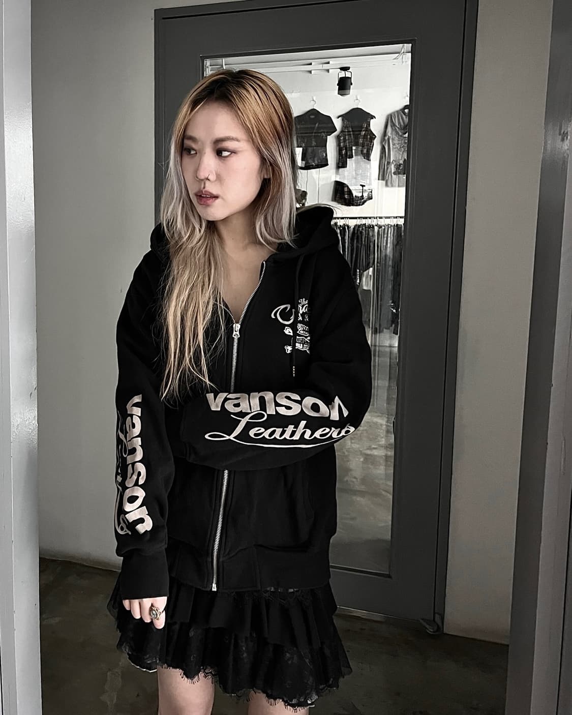 밴슨 오버핏 바이커 무드 코튼 후드집업 상품이미지7