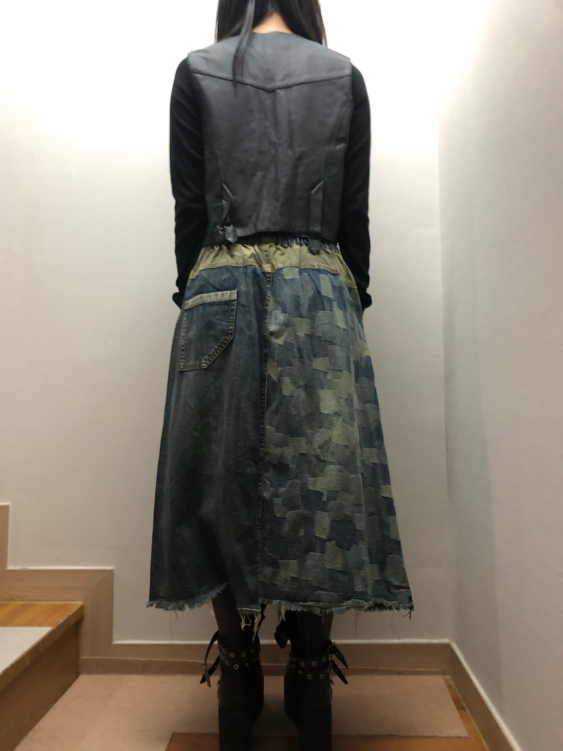 빈티지 데님 카모 패치워크 롱 스커트 상품이미지7