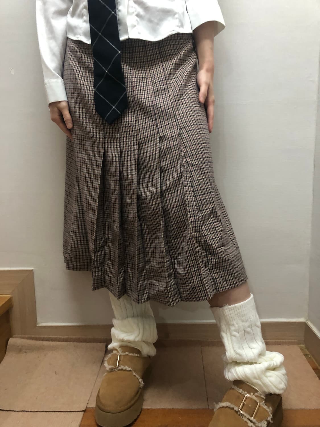 빈티지 브라운 핑크 체크 울 스커트 상품이미지5