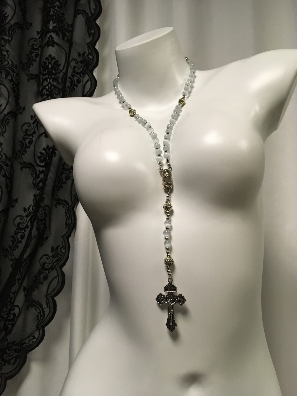 Vintage 핀터레스트 캣츠아이 원석 십자가 로자리오 목걸이 상품이미지1