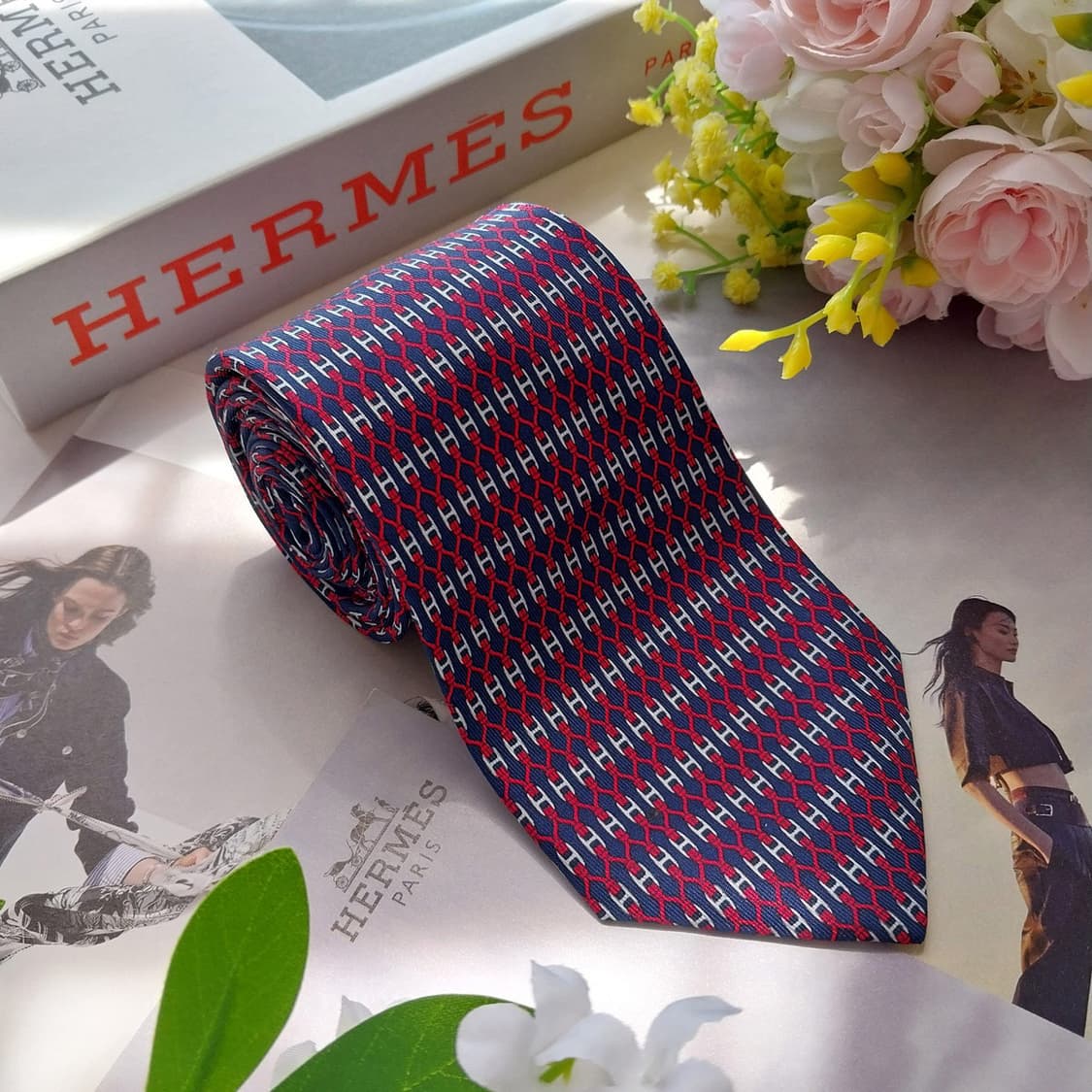 에르메스 실크 네이비 H 패턴 넥타이 8.2cm S~A+등급 K2549 상품이미지3