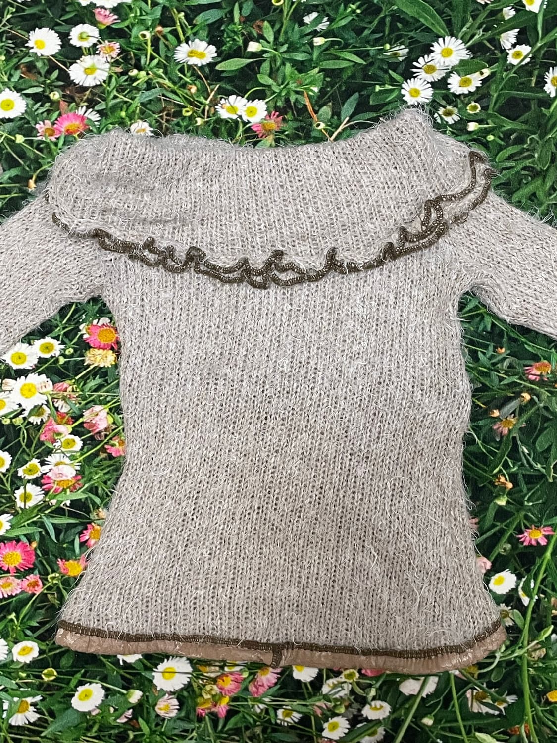 일본빈티지 라떼갸루 베이지 브라운 초코 오프숄더 세미옾숄 리본니트 상품이미지4