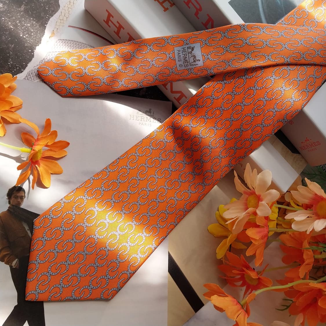 에르메스 오렌지 말발굽 자카드 넥타이 9.3cm A+등급 K2537 상품이미지3