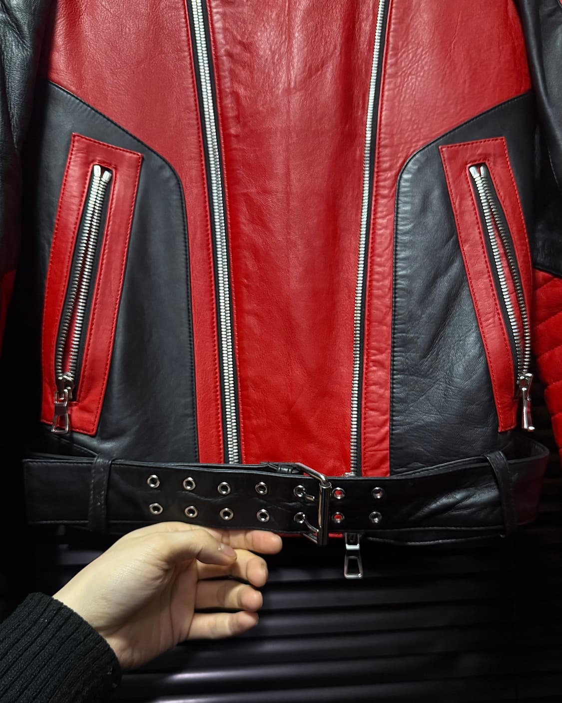 H&M 발망 콜라보 레드 블랙 양가죽 가죽 레더 바이커 라이더 자켓 44 상품이미지4